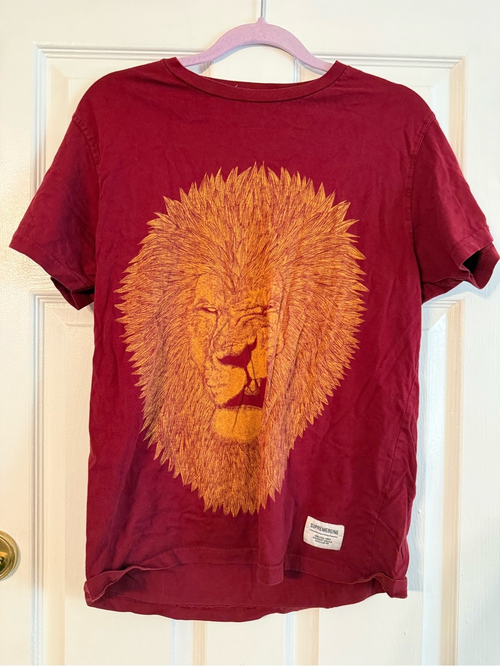 Supreme Maroon Tee with Large Gold Lion Print